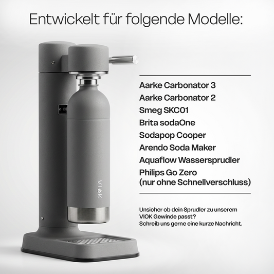 VIOK 1,3 L Edelstahlflasche für Aarke Carbonator 2 & 3, Smeg SKC01 mit Active Loop Mattgrau