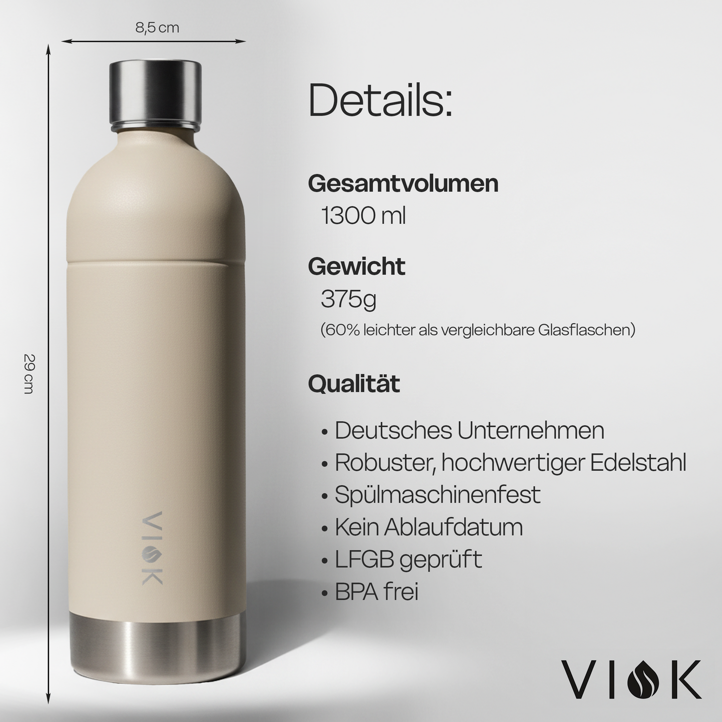 VIOK 1,3 L Edelstahlflasche für Aarke Carbonator 2 & 3, Smeg SKC01 mit Active Loop Sandwhite