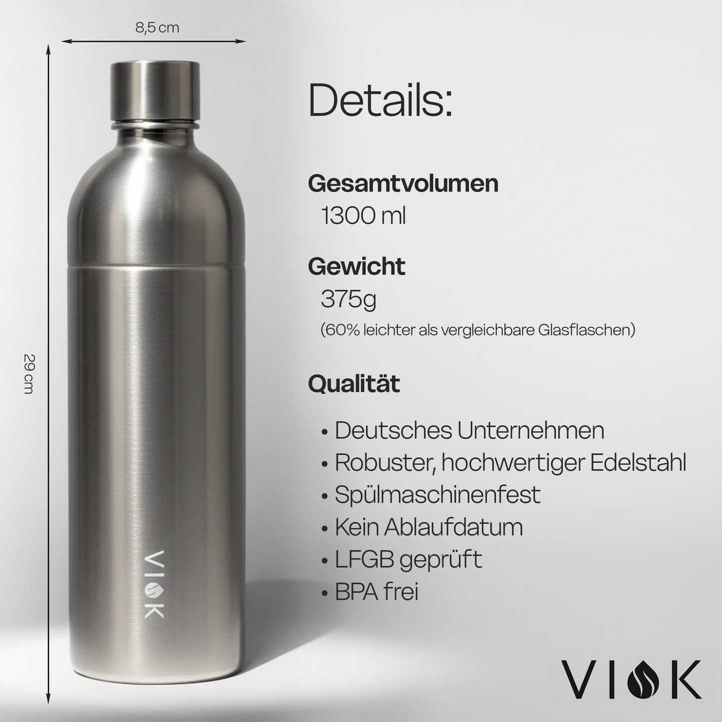 VIOK 1,3 L Edelstahlflasche für Aarke Carbonator 2 & 3, Smeg SKC01 mit Active Loop Silber