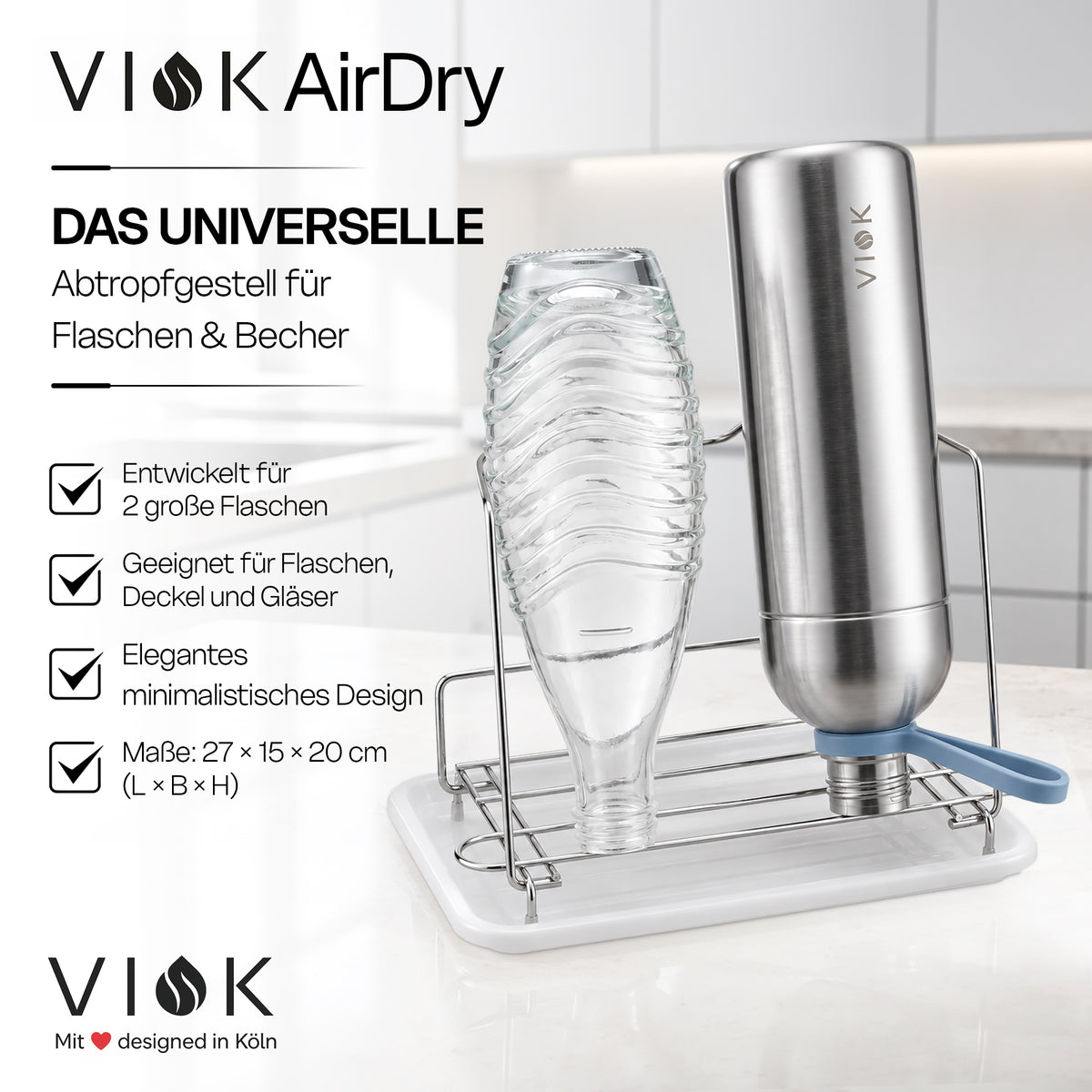 VIOK Premium Abtropfgestell für Edelstahlflaschen sowie SodaStream Flaschen (aus Edelstahl mit Abtropfwanne)
