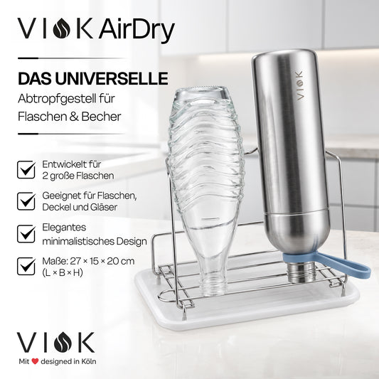 VIOK Premium Abtropfgestell für Edelstahlflaschen sowie SodaStream Flaschen (aus Edelstahl mit Abtropfwanne)