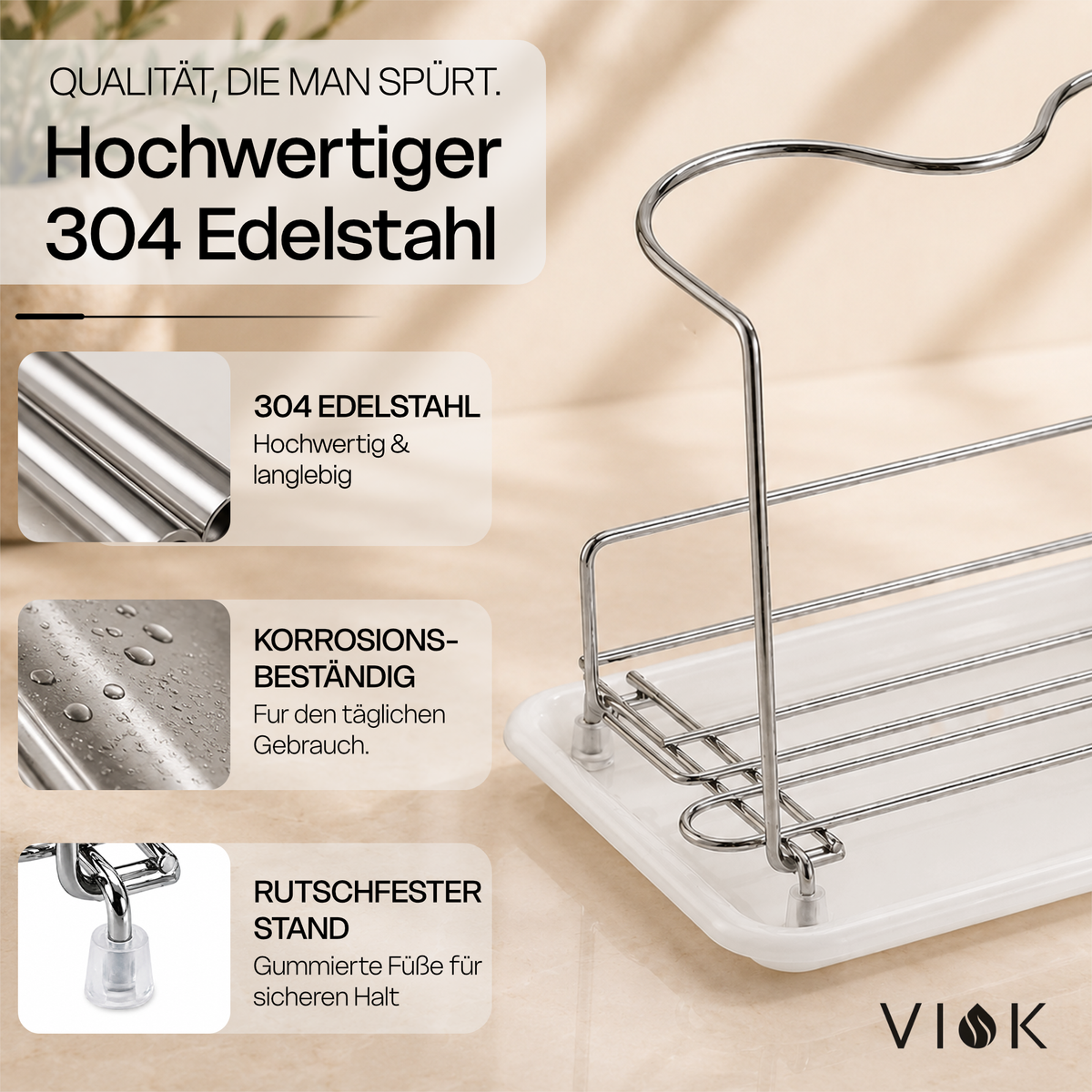 VIOK Premium Abtropfgestell für Edelstahlflaschen sowie SodaStream Flaschen (aus Edelstahl mit Abtropfwanne)