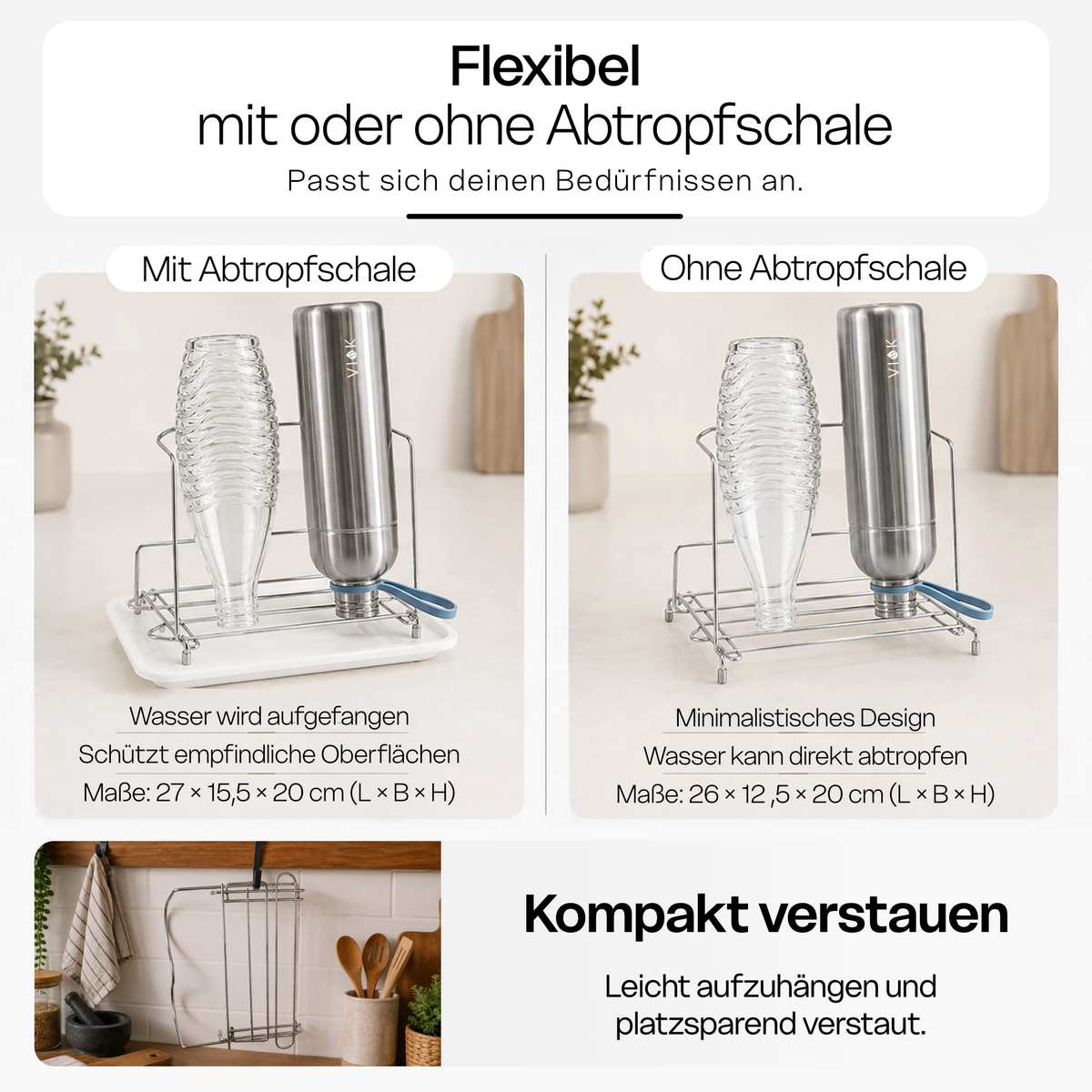 VIOK Premium Abtropfgestell für Edelstahlflaschen sowie SodaStream Flaschen (aus Edelstahl mit Abtropfwanne)