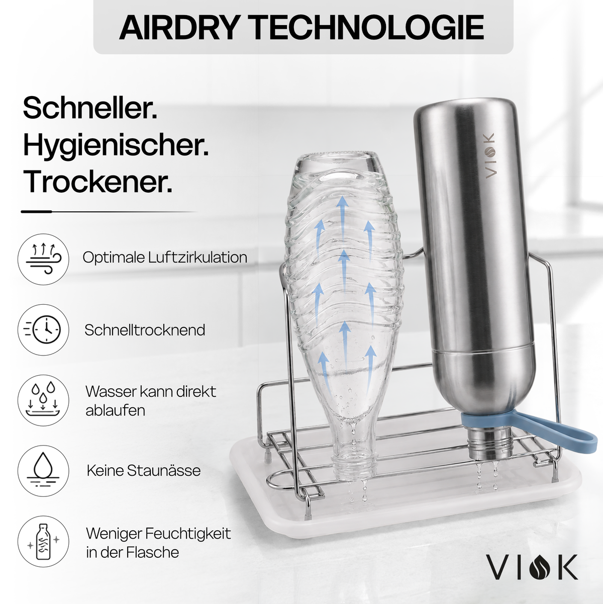 VIOK Premium Abtropfgestell für Edelstahlflaschen sowie SodaStream Flaschen (aus Edelstahl mit Abtropfwanne)