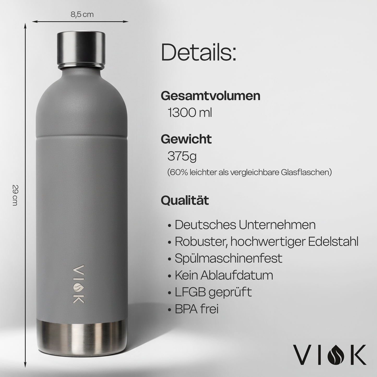 VIOK 1,3 L Edelstahlflasche für Aarke Carbonator 2 & 3, Smeg SKC01 mit Active Loop Mattgrau