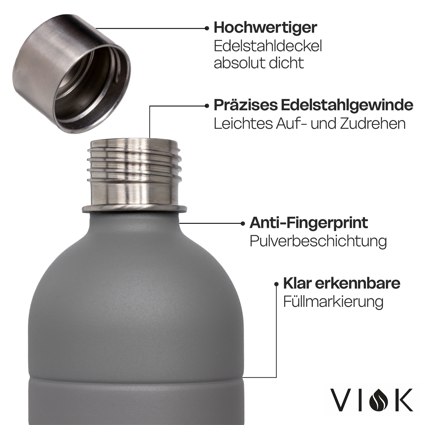 VIOK 1,3 L Edelstahlflasche für Aarke Carbonator 2 & 3, Smeg SKC01 mit Active Loop Mattgrau