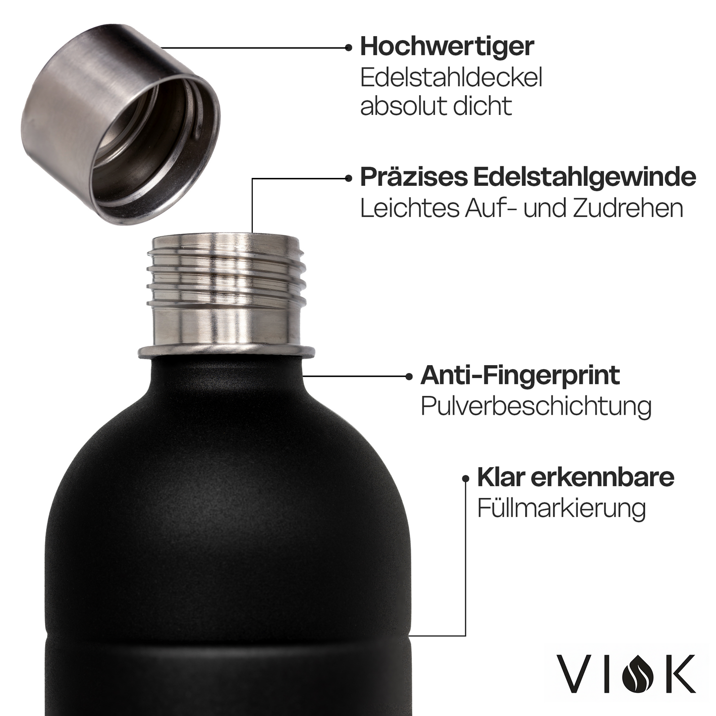 VIOK 1,3 L Edelstahlflasche für Aarke Carbonator 2 & 3, Smeg SKC01 mit Active Loop Schwarz