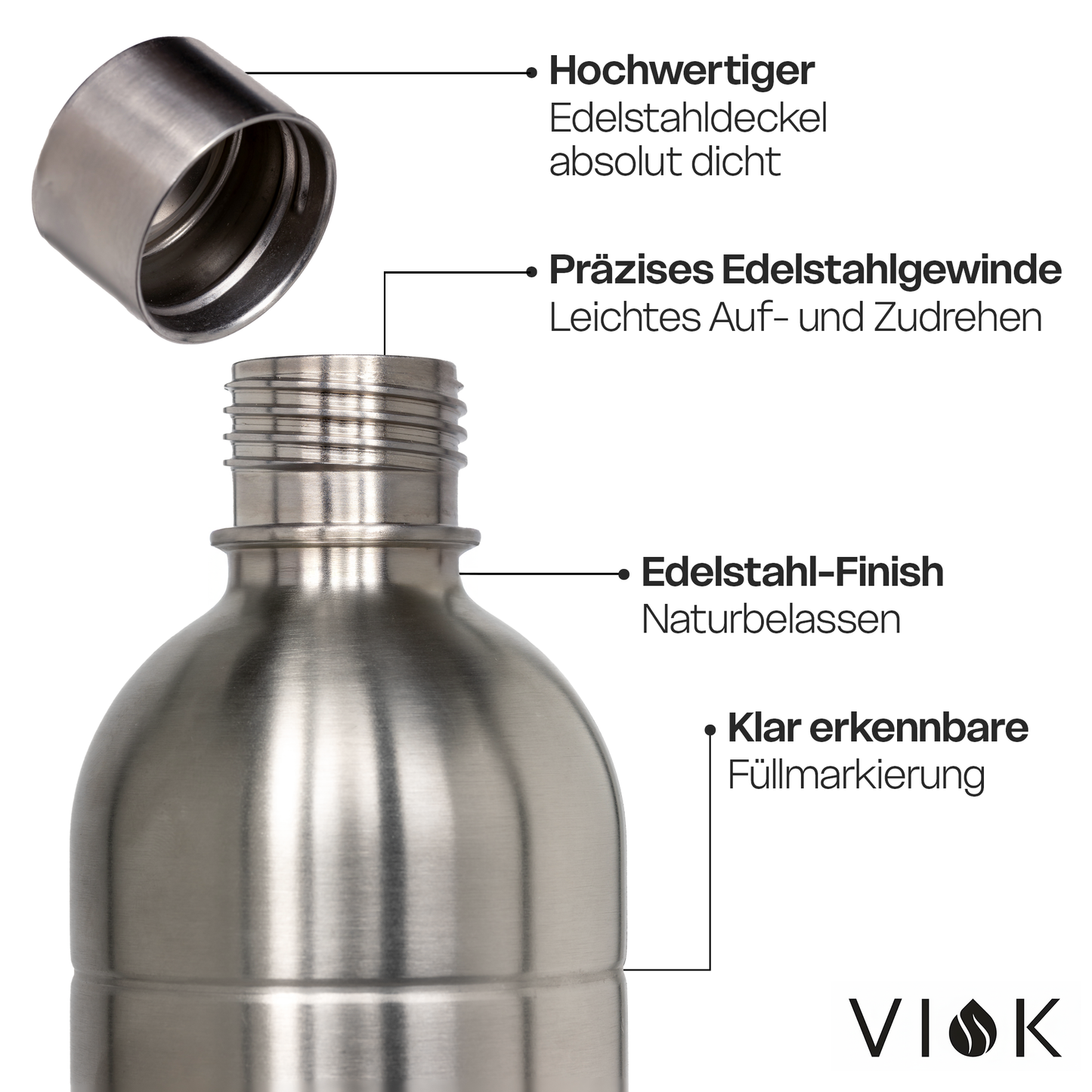 VIOK 1,3 L Edelstahlflasche für Aarke Carbonator 2 & 3, Smeg SKC01 mit Active Loop Silber