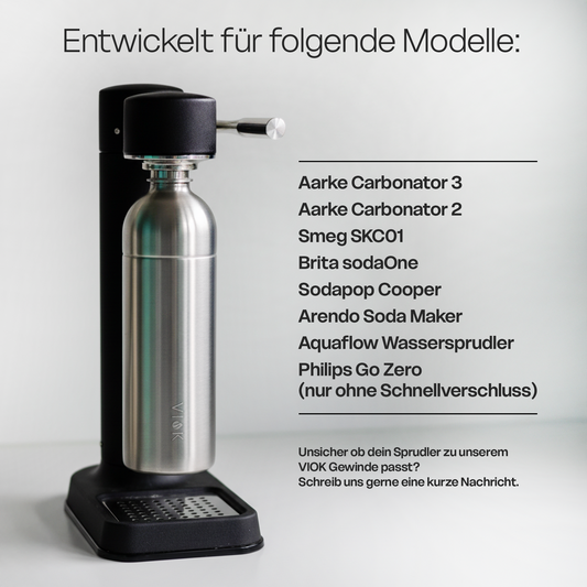 VIOK 1,3 L Edelstahlflasche für Aarke Carbonator 2 & 3, Smeg SKC01 mit Active Loop Silber