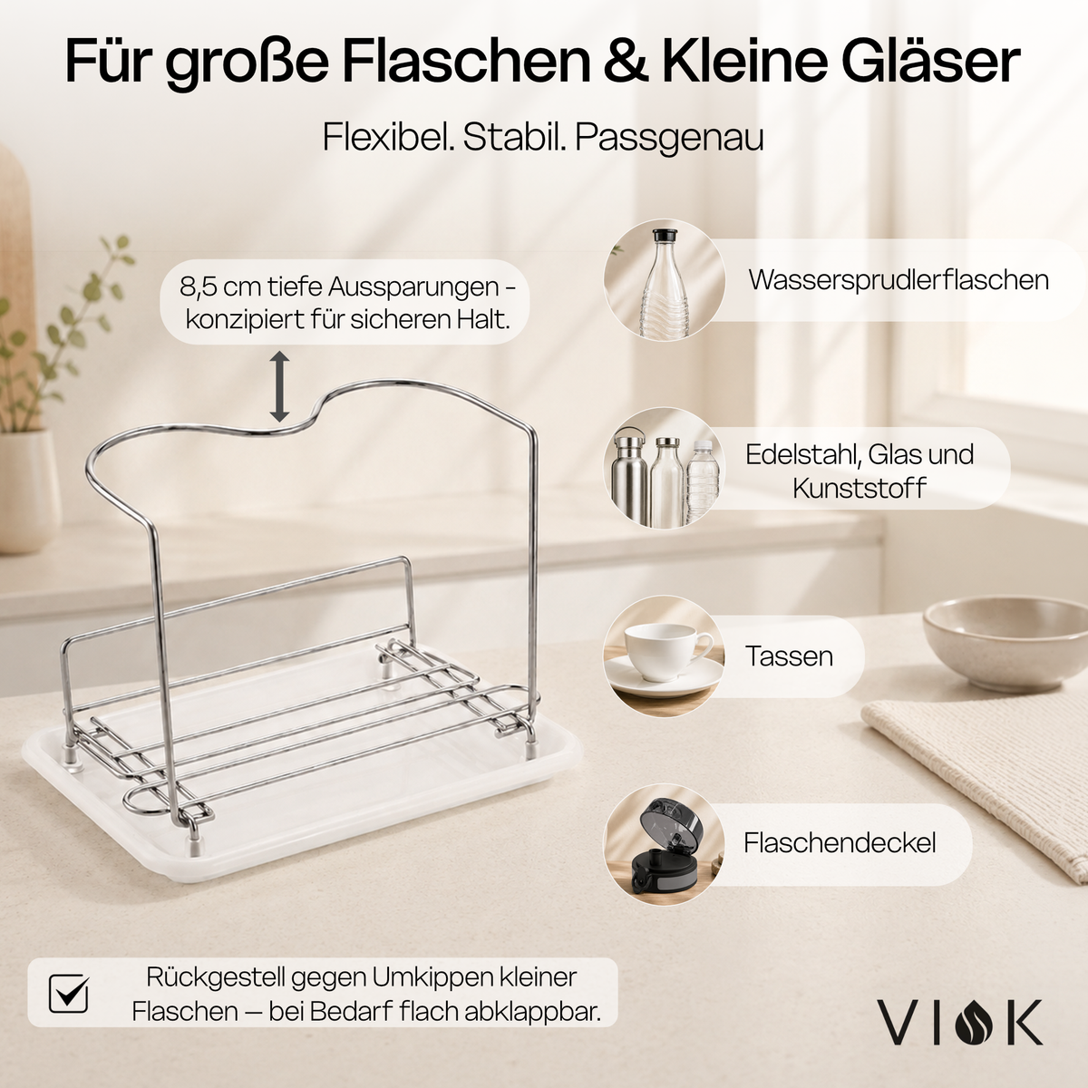 VIOK Premium Abtropfgestell für Edelstahlflaschen sowie SodaStream Flaschen (aus Edelstahl mit Abtropfwanne)