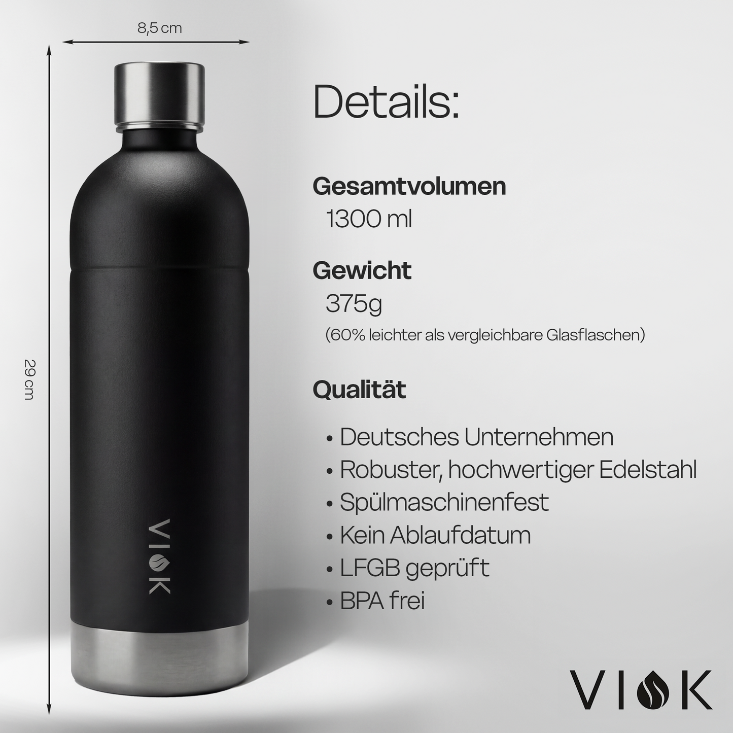 VIOK 1,3 L Edelstahlflasche für Aarke Carbonator 2 & 3, Smeg SKC01 mit Active Loop Schwarz