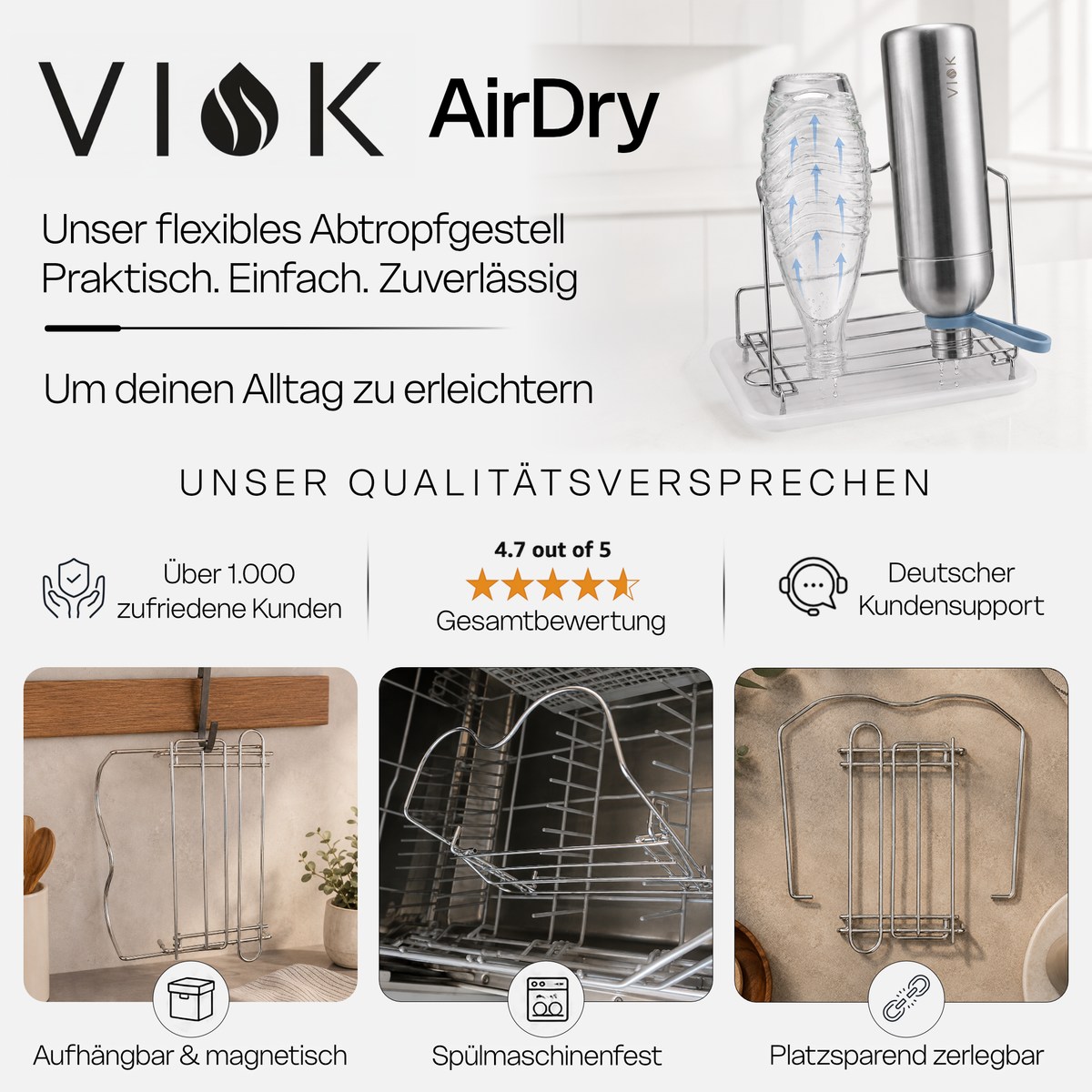 VIOK Premium Abtropfgestell für Edelstahlflaschen sowie SodaStream Flaschen (aus Edelstahl mit Abtropfwanne)