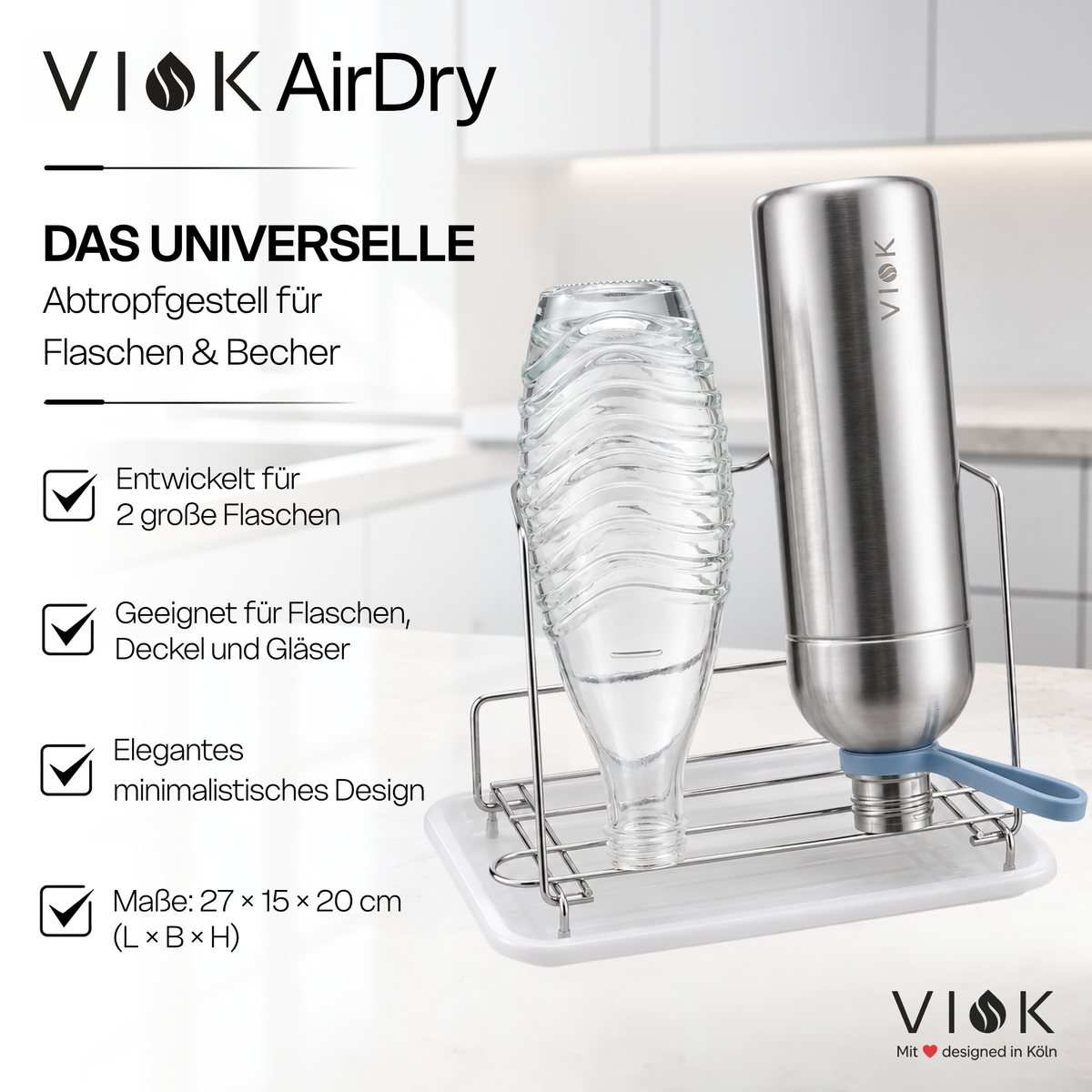VIOK Premium Abtropfgestell für Edelstahlflaschen sowie SodaStream Flaschen (aus Edelstahl mit Abtropfwanne)