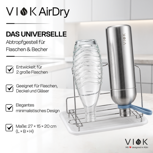 VIOK Premium Abtropfgestell für Edelstahlflaschen sowie SodaStream Flaschen (aus Edelstahl mit Abtropfwanne)